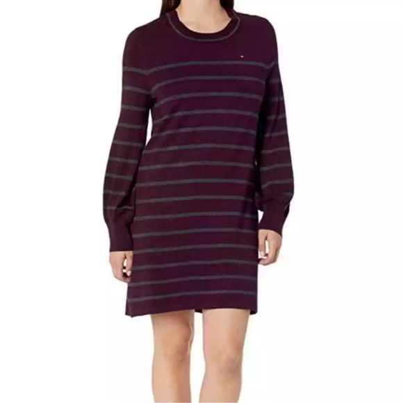 Tommy Hilfiger sweater dress Purple stripe size Medium blouson sleeve - Picture 1 of 7